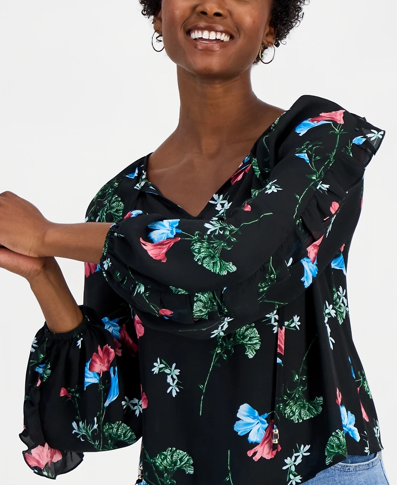 I.n.c. International Concepts Women's Petite Ruffle Floral-Print Long-Sleeve Blouse, Macy's Exclusive