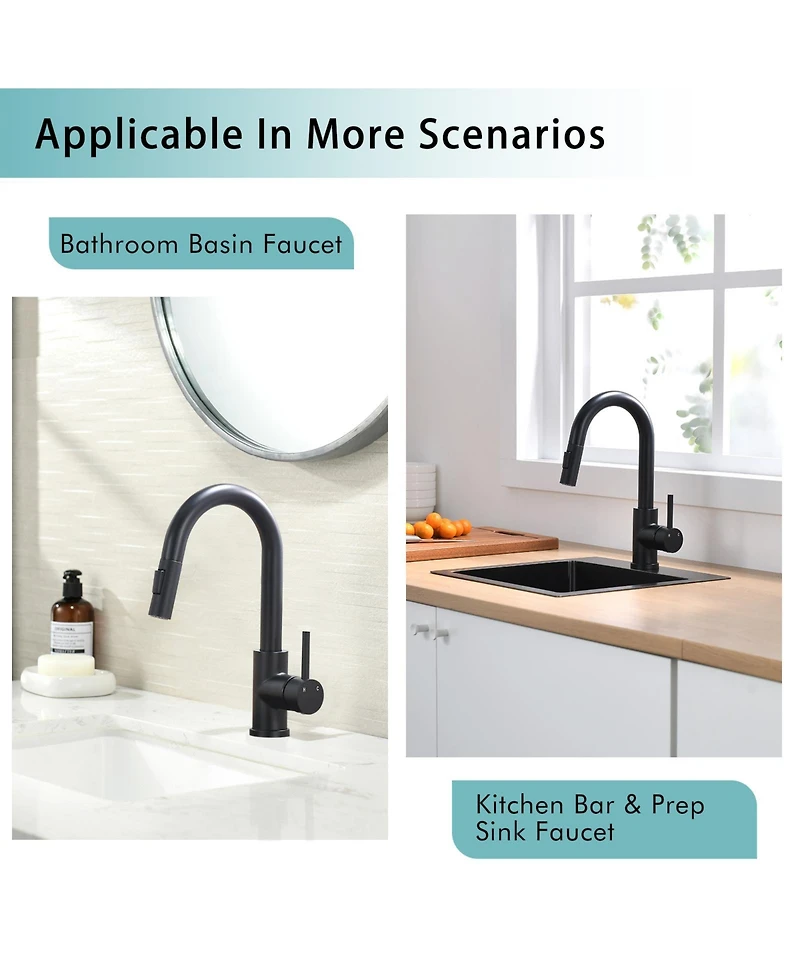 Phying Pull Down Sprayer Sink Faucet Black Modern Multifunctional Faucet Design for Kitchen Bathroom Mini Bar Prep Counter