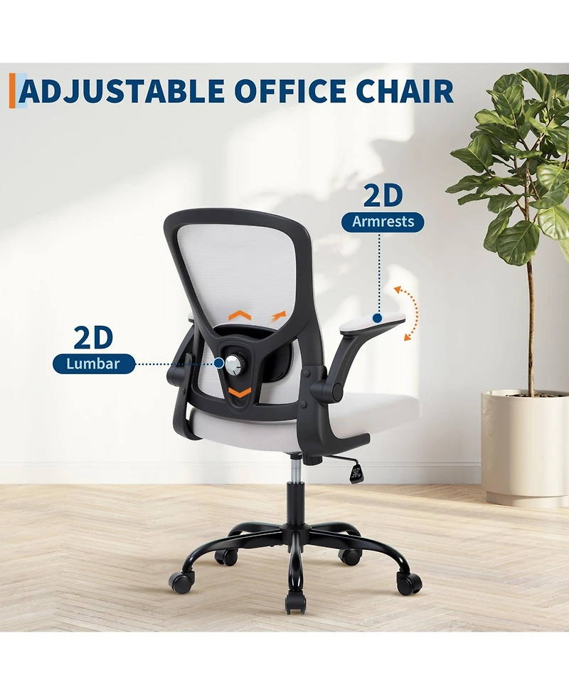 homfan 350LB Swivel Desk Chair with Adjustable Lumbar Support, Flip-Up Arms, Tilt Lock, Gray Mesh Home Office Chair