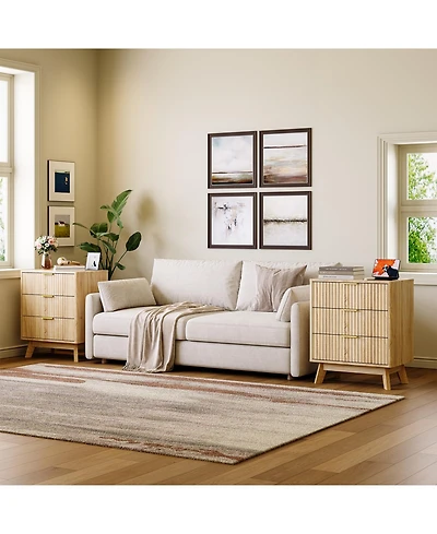 homfan Set of 2 Fluted 3-Drawer Nightstands, Bedroom Side Tables with Metal Handles Wood Finish