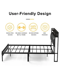 Hausource Full Size Bed Frame with Storage Headboard & Charging Station Platform Bed No Box Spring Needed