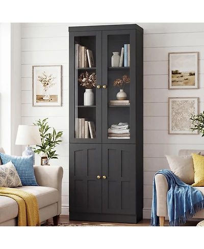 Aheaplus Storage Cabinet with Glass Doors, Wooden Bookcase Shelves
