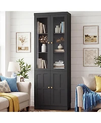 Aheaplus Storage Cabinet with Glass Doors, Wooden Bookcase with Shelves