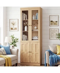 Aheaplus Storage Cabinet with Glass Doors, Wooden Bookcase Shelves