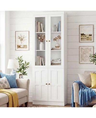 Aheaplus Storage Cabinet with Glass Doors, Wooden Bookcase with Shelves