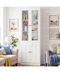 Aheaplus Storage Cabinet with Glass Doors, Wooden Bookcase with Shelves