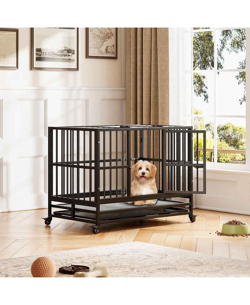 gaomon Heavy Duty Metal Dog Crate, Double Door Cage with Wheels, Folding Indoor Pet House Removable Tray Perfect for Pets