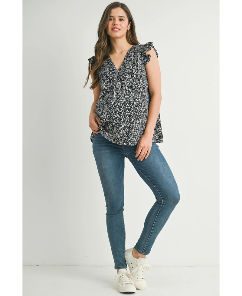 Hello Miz Women's Printed Flutter Cap Sleeve V-Neck Maternity Top