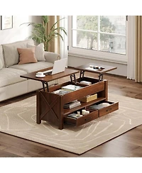homfan Lift-Top Coffee Table with 2 Drawers, Hidden Compartment and Open Shelf, Convertible Living Room Center Table, Engineered Wood