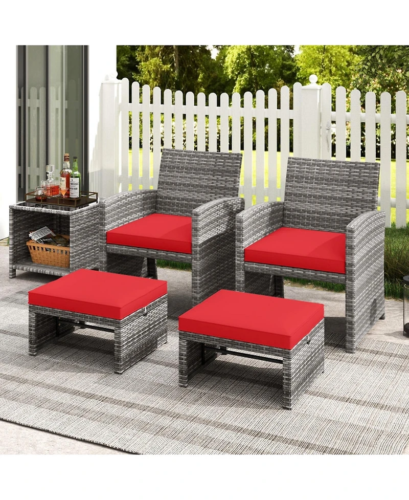Sugift Set of 2 Patio Rattan Ottomans with Soft Zippered Cushions