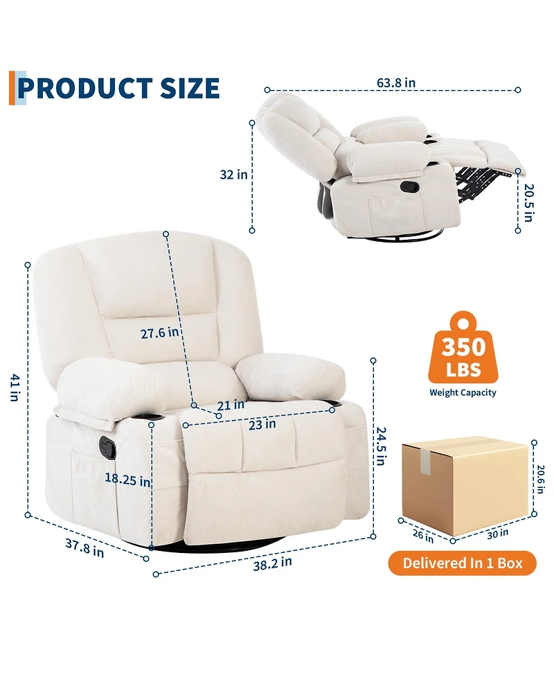 homfan Manual Swivel Recliner Chair with 360degree(s) Rocker Glider, Vibration Massage and Heat, Chenille Lounge for Living Room, Bedroom