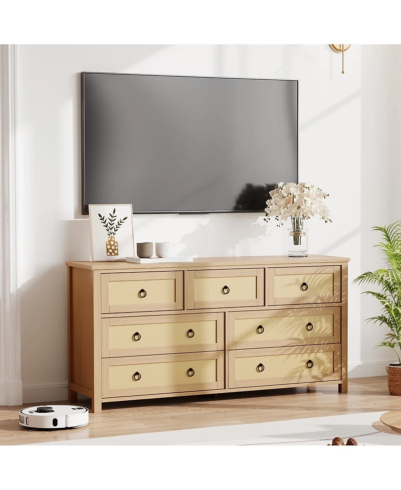 Homfan Drawer Tall Dresser, Boho Drawers, Wooden Chest with Clothes Storage Cabinet, Drawer Organizer for Bedroom, Hallway, Living Room, Easy Assembly