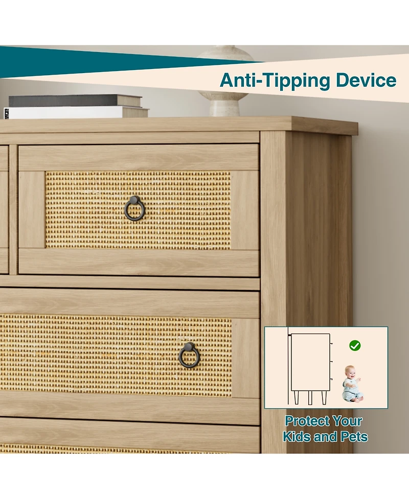 Homfan Drawer Tall Dresser, Boho Drawers, Wooden Chest with Clothes Storage Cabinet, Drawer Organizer for Bedroom, Hallway, Living Room, Easy Assembly