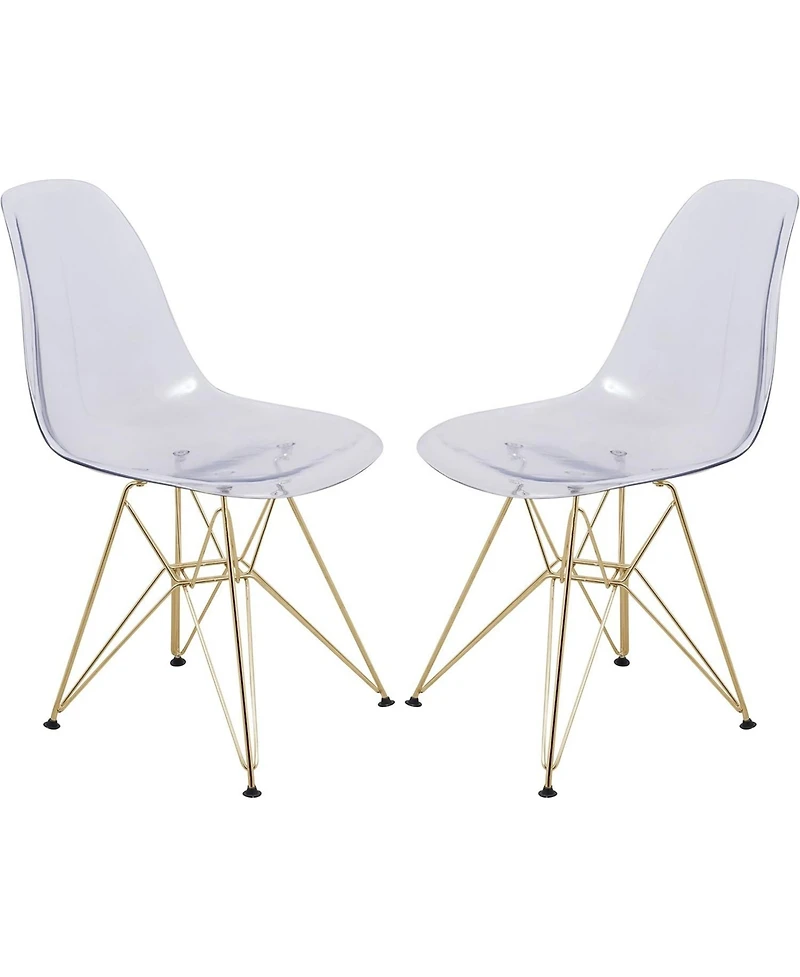 LeisureMod Cresco Dining Chair Set of 2 Molded Acrylic with Gold Metal Eiffel Base and Curved Back Design Lightweight Accent Side Easy Assembly