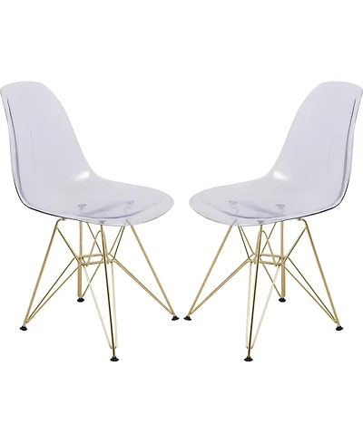 LeisureMod Cresco Dining Chair Set of 2 Molded Acrylic with Gold Metal Eiffel Base and Curved Back Design Lightweight Accent Side Easy Assembly