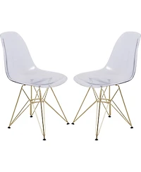 LeisureMod Cresco Dining Chair Set of 2 Molded Acrylic with Gold Metal Eiffel Base and Curved Back Design Lightweight Accent Side Easy Assembly