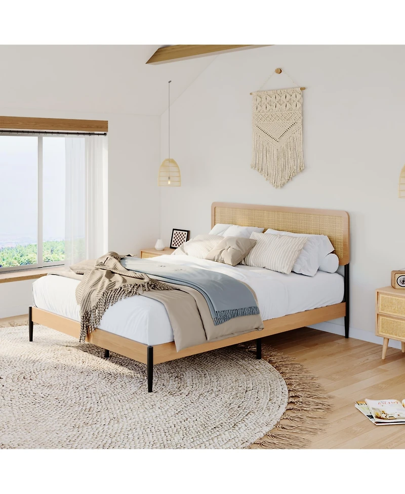 gaomon Queen Rattan Bed Frame – Rattan Headboard Platform Bed with Wood Slats and Under Bed Storage. Quiet Support. No Box Spring Needed