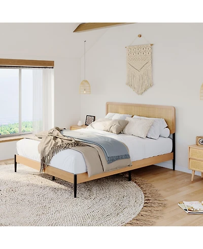 gaomon Queen Rattan Bed Frame – Rattan Headboard Platform Bed with Wood Slats and Under Bed Storage. Quiet Support. No Box Spring Needed
