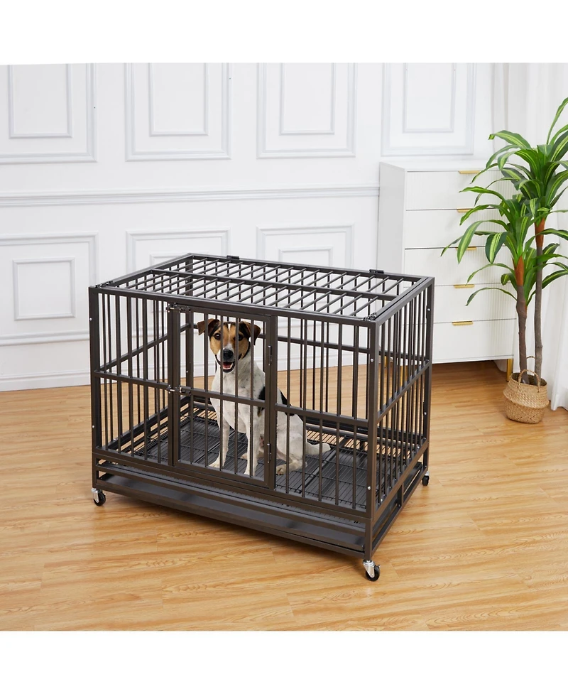 gaomon 47'' Heavy Duty Escape Proof Dog Crate and Kennel Steel Large Dog Cage with Doors, Lockable Wheels, Removable Trays, Waterproof Uv Cover