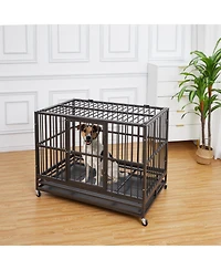 gaomon 47'' Heavy Duty Escape Proof Dog Crate and Kennel Steel Large Dog Cage with Doors, Lockable Wheels, Removable Trays, Waterproof Uv Cover