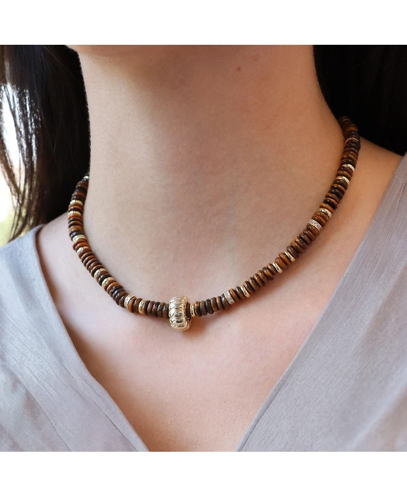 The Lovery Tigers Eye Bead Rondel Necklace 18K Gold Plated Over Brass