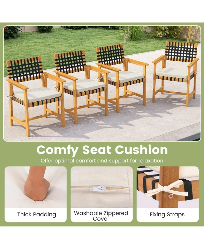 Sugift Set of 2 Acacia Wood Outdoor Dining Chairs with Woven Rope and Cushion