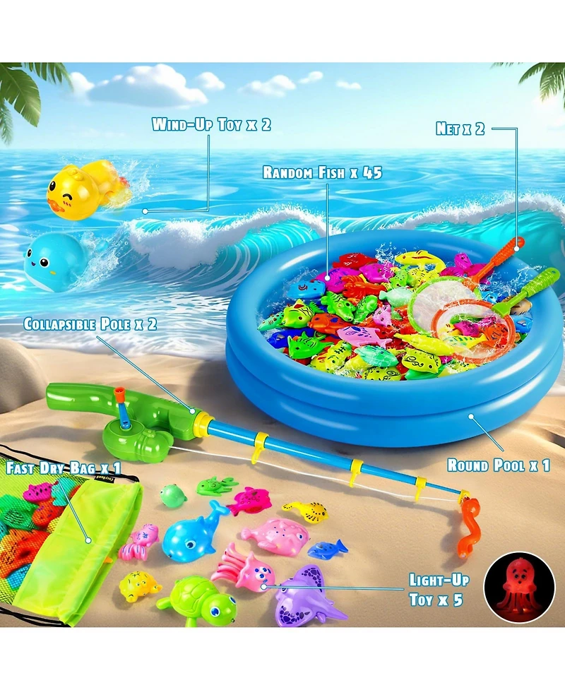 Gnuadz 52 Fishes Fishing Game Set Kids Outdoor Pool Party Rod Net Floating Fish Toddler Gift