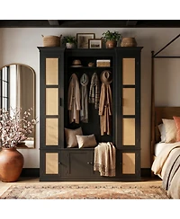 Homsee Farmhouse Entryway Wardrobe Cabinet - Storage Organizer with Wicker Doors | Large Capacity Shoe and Coat Closet for Hallway