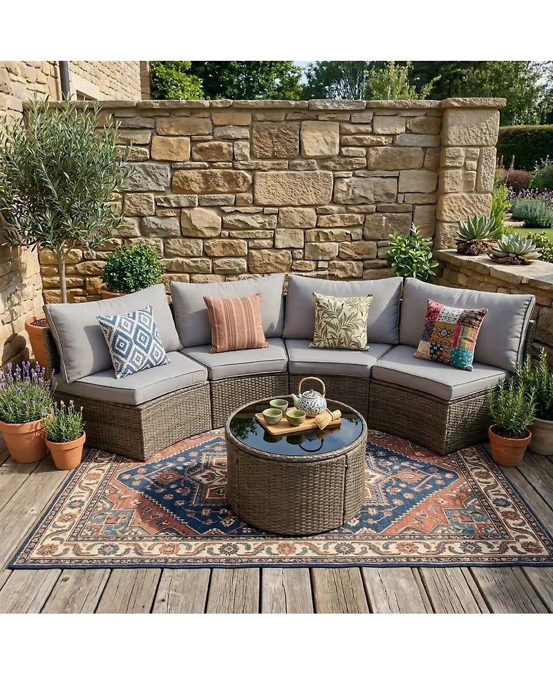 Asagikoiai 5-Piece Half-Moon Wicker Outdoor Patio Sectional Sofa Set with Table