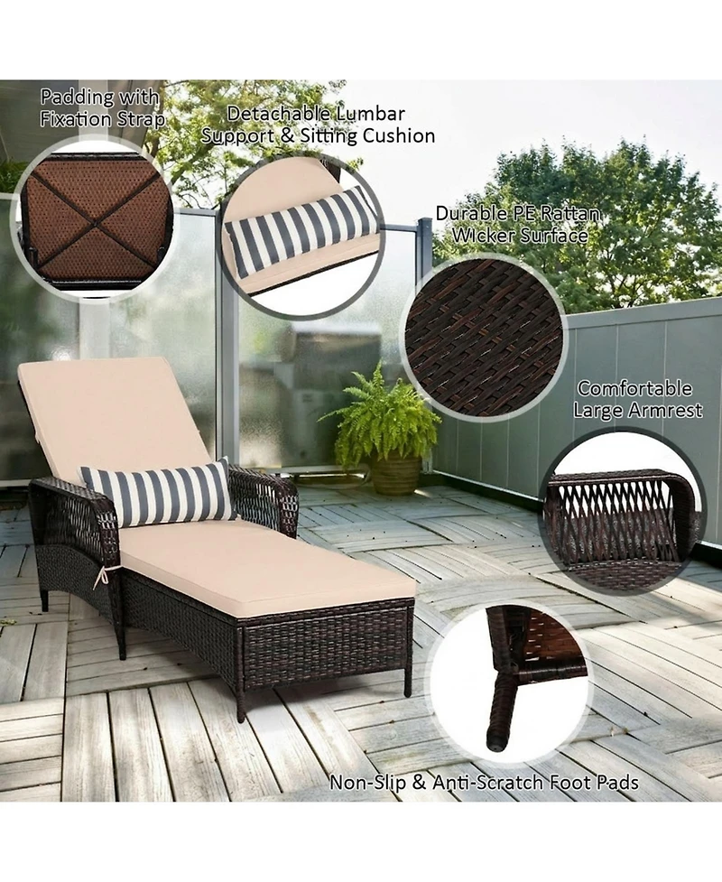 Sugift Pe Wicker Chaise Lounge with 6-Gear Adjustable Backrest and Lumbar Pillow