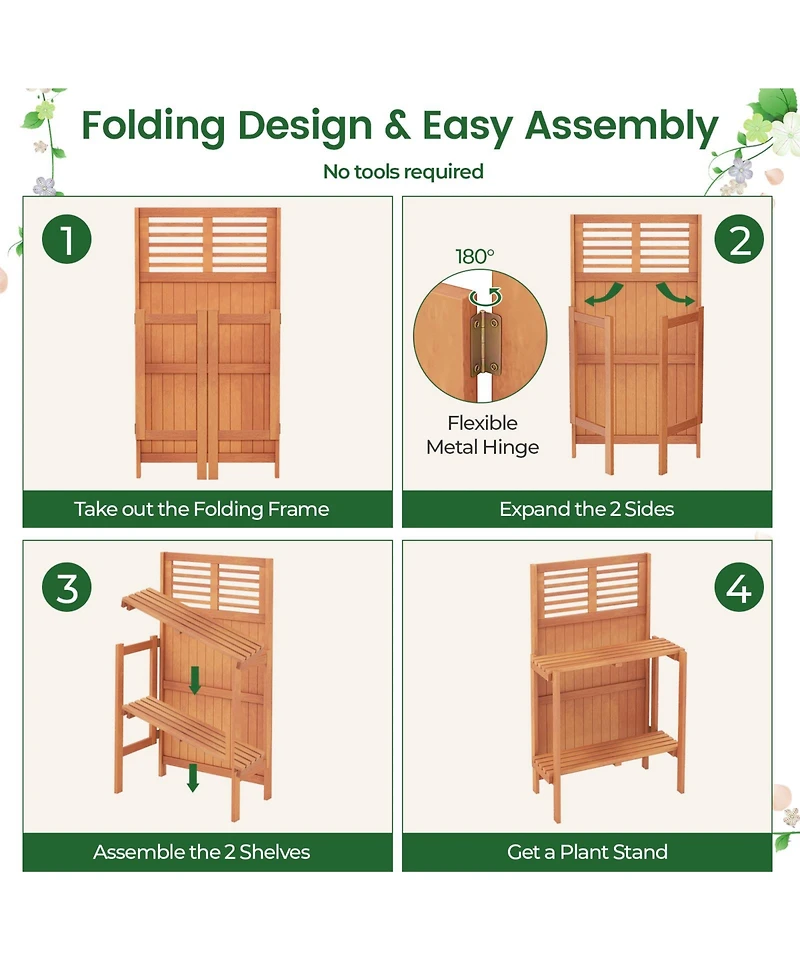 Sugift Folding Garden Potting Bench with 2 Tier Storage Shelves and Teak Oil Finish