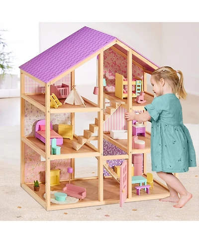 Tiny Land Wooden Dollhouse for Girls - Diy Pretend Play Doll House with 31Pcs Furniture Accessories