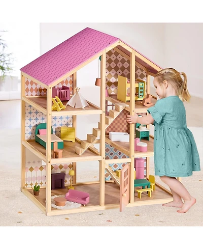 Tiny Land Wooden Dollhouse for Girls - Diy Pretend Play Doll House with 31Pcs Furniture Accessories
