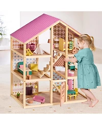 Tiny Land Wooden Dollhouse for Girls - Diy Pretend Play Doll House with 31Pcs Furniture Accessories