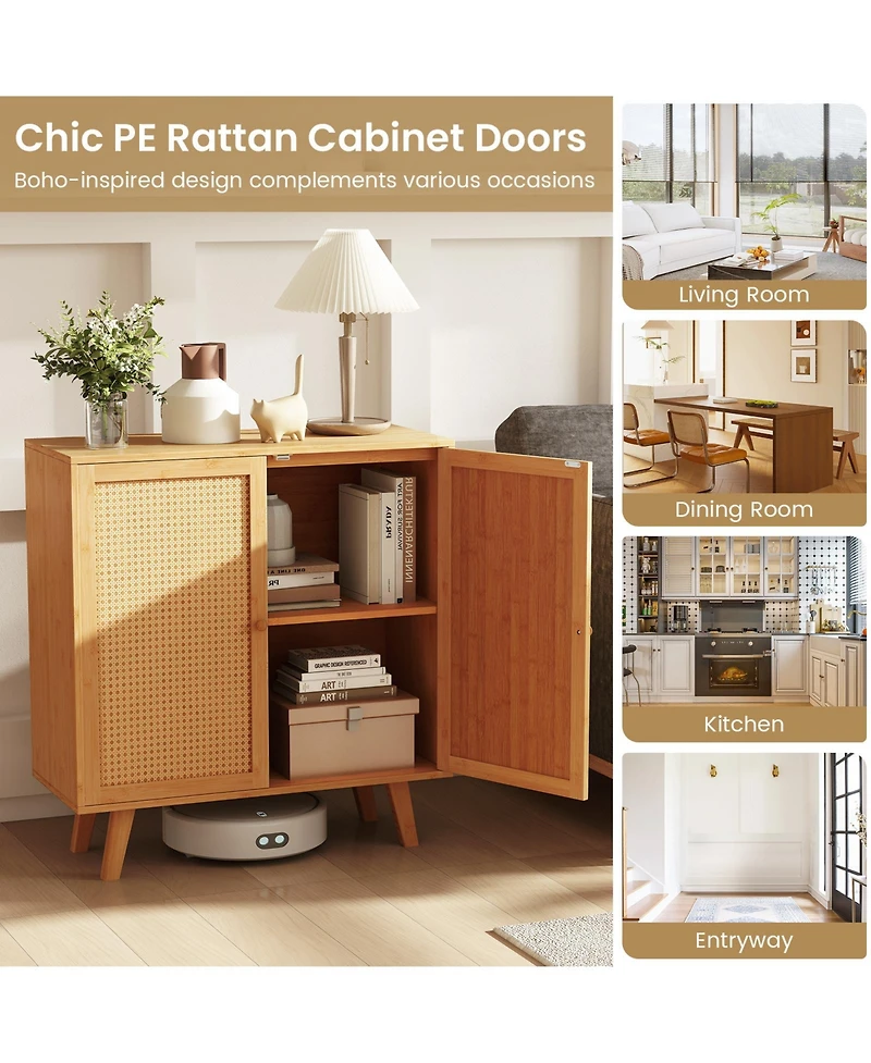 Gouun Bamboo Buffet Storage Cabinet with Pe Rattan Doors, 31.5 x 13.5 x 33.5