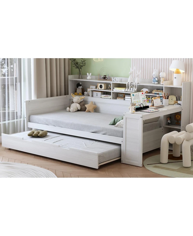 Streamdale Furniture Wooden Twin Daybed with Trundle, Storage Shelves, and Study Desk
