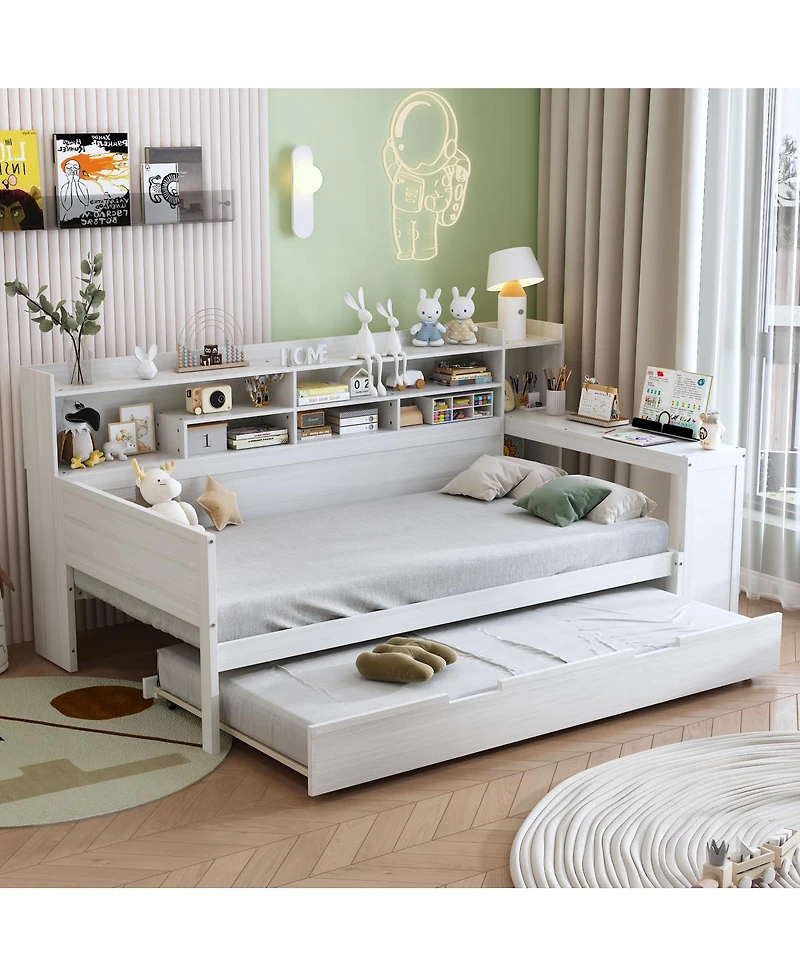 Streamdale Furniture Wooden Twin Daybed with Trundle, Storage Shelves, and Study Desk
