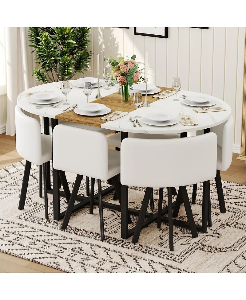 Streamdale Furniture 7 Piece Oval Faux Marble Dining Set with 6 Pu Leather Chairs