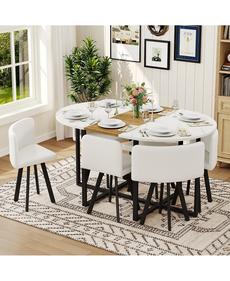 Streamdale Furniture 7 Piece Oval Faux Marble Dining Set with 6 Pu Leather Chairs