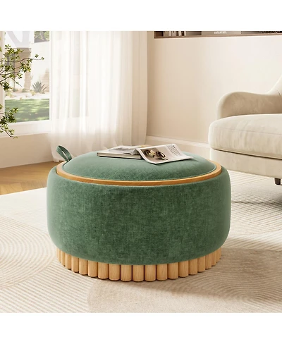 Streamdale Furniture 29" Round Chenille Storage Ottoman with Reversible Lid and Wood Legs