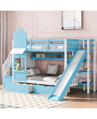 Streamdale Furniture Twin-Over-Twin Castle Style Bunk Bed with 2 Drawers 3 Shelves and Slide