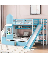 Streamdale Furniture Twin-Over-Twin Castle Style Bunk Bed with 2 Drawers 3 Shelves and Slide