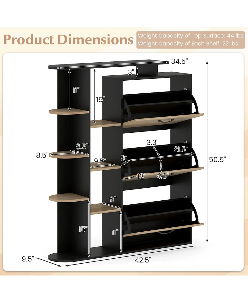 Slickblue Modern Shoe Cabinet with 3 Flip Drawers and Open Shelves