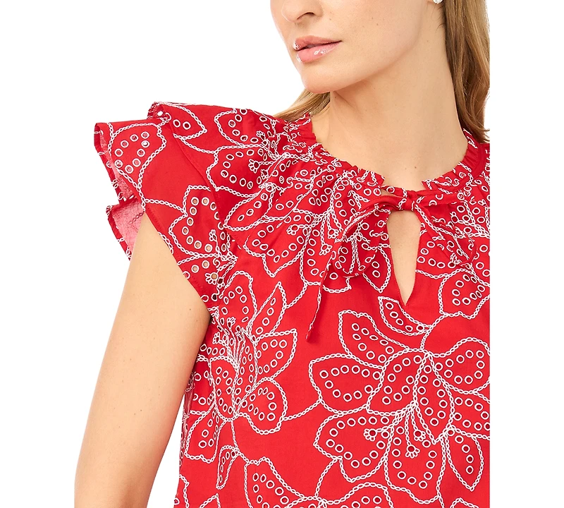 CeCe Women's Printed Flutter-Sleeve Tie-Neck Top