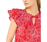 CeCe Women's Printed Flutter-Sleeve Tie-Neck Top