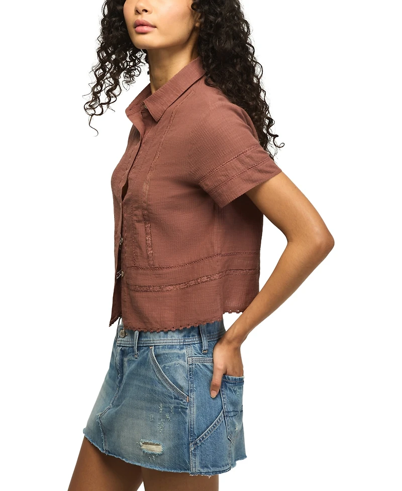 Lucky Brand Women's Lace Trimmed Button Front Camp Shirt