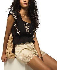 Lucky Brand Women's Contrast Embroidered Square Neck Ruffle Top