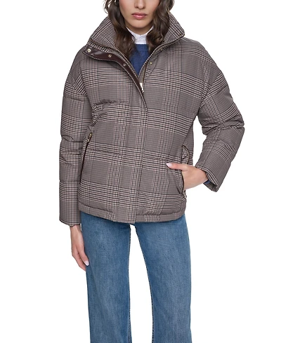 Cole Haan Women's Heritage Plaid Puffer Jacket with Stand Collar