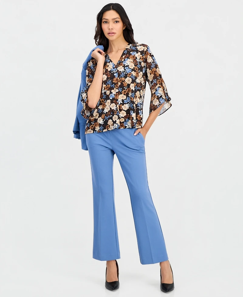 Anne Klein Essentials Petite Floral-Print Split-Neck Bell-Sleeve Top