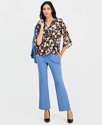 Anne Klein Essentials Petite Floral-Print Split-Neck Bell-Sleeve Top